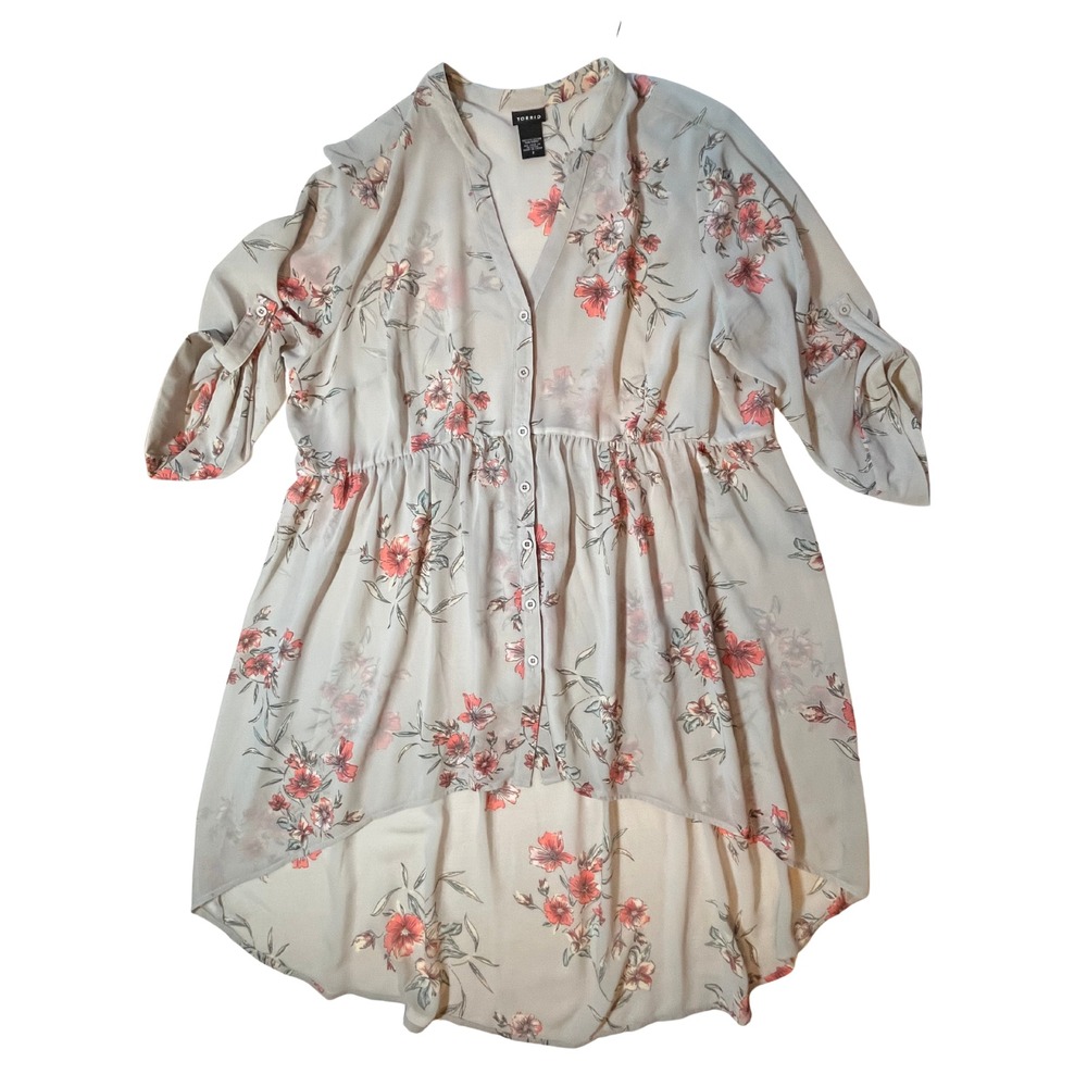 Torrid Lexie Sheer Hi-Lo Babydoll Tunic Top Plus 3X 22/24 Grey Pink Floral Boho